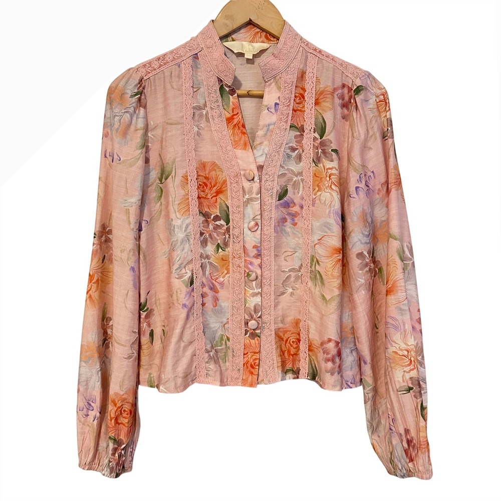 Lizette Collection Romantic Floral‎ Lace Trim Blouse Women's Size L Pink Cottage
